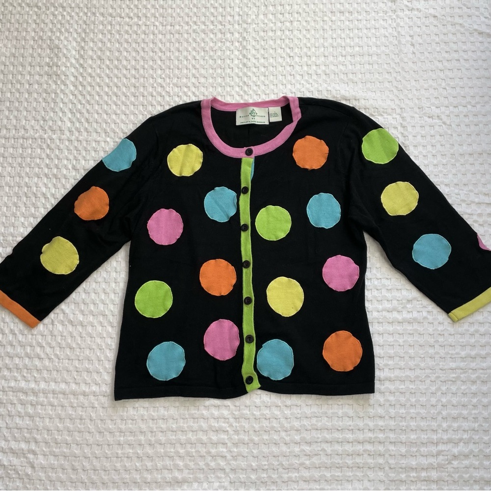 Design Options Cardigan Sweater Large Polka Dot Multicolor‎ 3/4 Sleeve Artsy